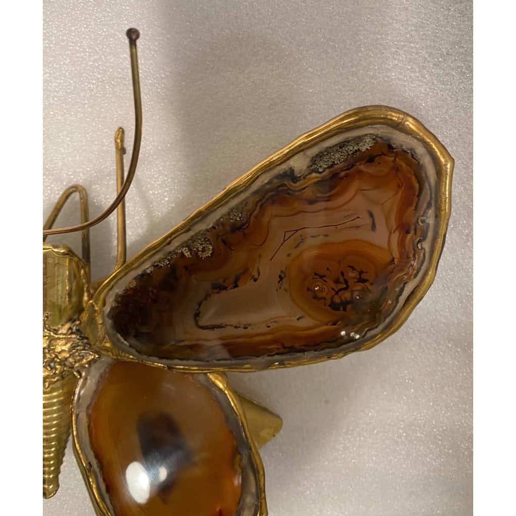 1970’Applique Papillon en Bronze ou Laiton, Duval Brasseur Ou Isabelle Faure, 4 Ampoules, Ailes d’Agate : 33 X Hauteur 2 | Biron 1970’Applique Papillon en Bronze ou Laiton, Duval Brasseur Ou Isabelle Faure, 4 Ampoules, Ailes d’Agate : 33 X Hauteur 2