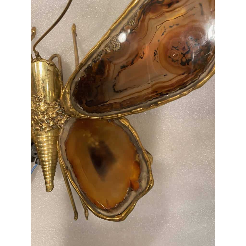 1970’Applique Papillon en Bronze ou Laiton, Duval Brasseur Ou Isabelle Faure, 4 Ampoules, Ailes d’Agate : 33 X Hauteur 2 | Biron 1970’Applique Papillon en Bronze ou Laiton, Duval Brasseur Ou Isabelle Faure, 4 Ampoules, Ailes d’Agate : 33 X Hauteur 2