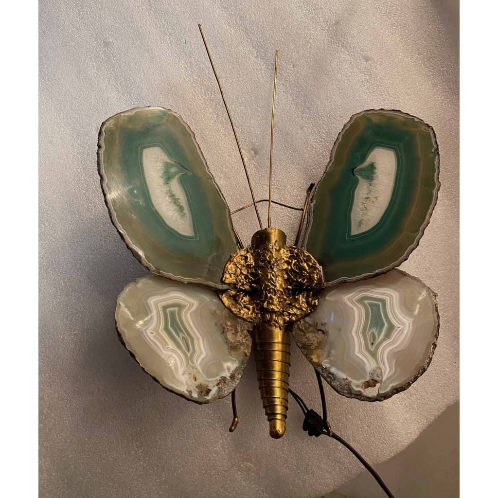 1970’Applique Papillon en Bronze ou Laiton, Duval Brasseur Ou Isabelle Faure, 1 Ampoule, Ailes d’Agate : 30 X Hauteur 38 | Biron |||||||||||||