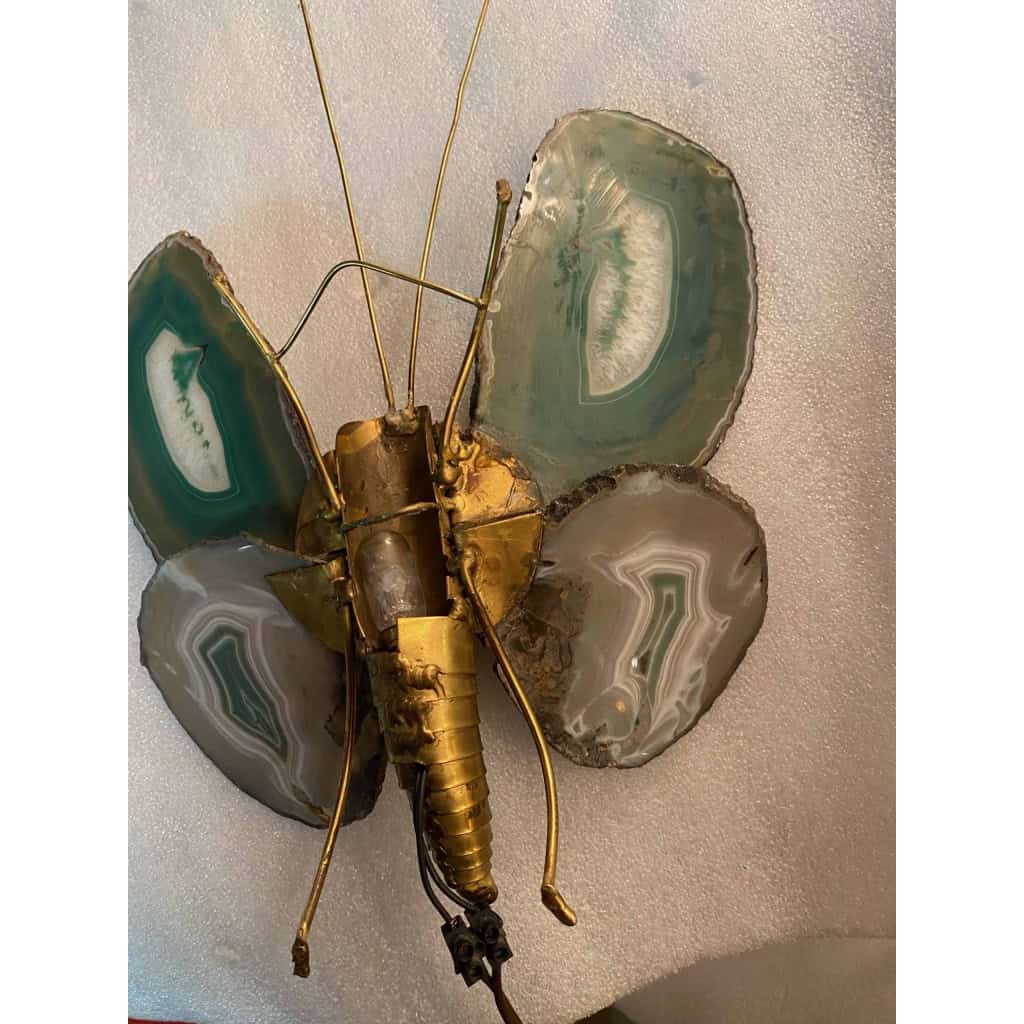 1970’Applique Papillon en Bronze ou Laiton, Duval Brasseur Ou Isabelle Faure, 1 Ampoule, Ailes d’Agate : 30 X Hauteur 38 | Biron 1970’Applique Papillon en Bronze ou Laiton, Duval Brasseur Ou Isabelle Faure, 1 Ampoule, Ailes d’Agate : 30 X Hauteur 38