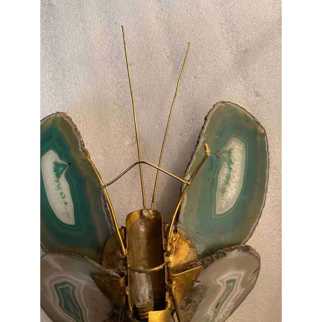 1970’Applique Papillon en Bronze ou Laiton, Duval Brasseur Ou Isabelle Faure, 1 Ampoule, Ailes d’Agate : 30 X Hauteur 38 | Biron 1970’Applique Papillon en Bronze ou Laiton, Duval Brasseur Ou Isabelle Faure, 1 Ampoule, Ailes d’Agate : 30 X Hauteur 38