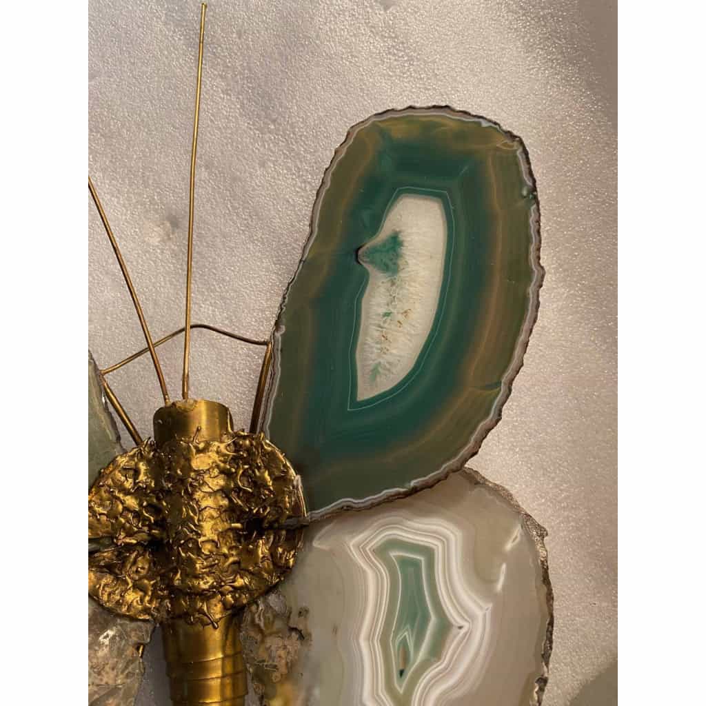 1970’Applique Papillon en Bronze ou Laiton, Duval Brasseur Ou Isabelle Faure, 1 Ampoule, Ailes d’Agate : 30 X Hauteur 38 | Biron 1970’Applique Papillon en Bronze ou Laiton, Duval Brasseur Ou Isabelle Faure, 1 Ampoule, Ailes d’Agate : 30 X Hauteur 38