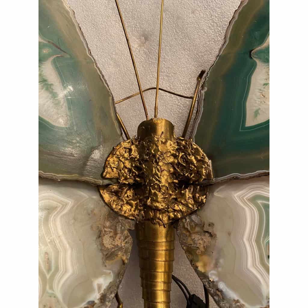 1970’Applique Papillon en Bronze ou Laiton, Duval Brasseur Ou Isabelle Faure, 1 Ampoule, Ailes d’Agate : 30 X Hauteur 38 | Biron 1970’Applique Papillon en Bronze ou Laiton, Duval Brasseur Ou Isabelle Faure, 1 Ampoule, Ailes d’Agate : 30 X Hauteur 38