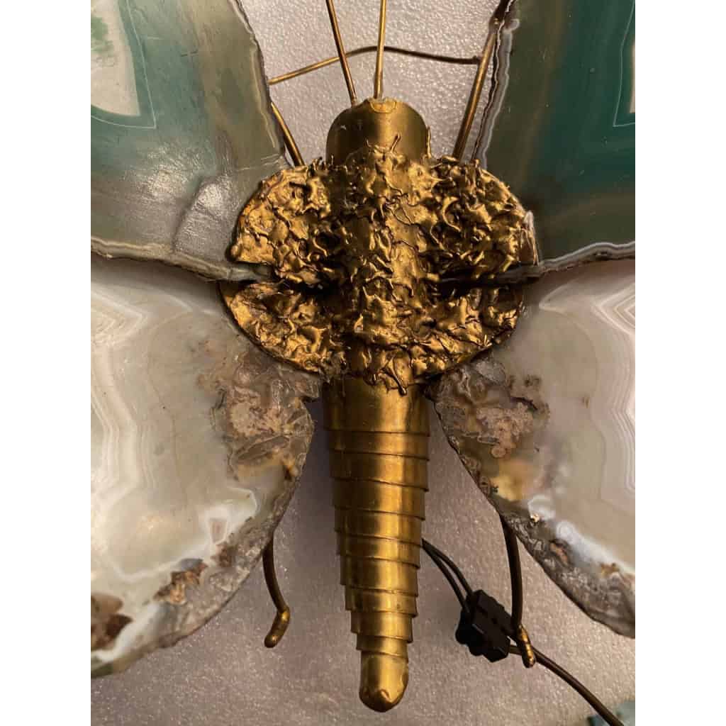1970’Applique Papillon en Bronze ou Laiton, Duval Brasseur Ou Isabelle Faure, 1 Ampoule, Ailes d’Agate : 30 X Hauteur 38 | Biron 1970’Applique Papillon en Bronze ou Laiton, Duval Brasseur Ou Isabelle Faure, 1 Ampoule, Ailes d’Agate : 30 X Hauteur 38
