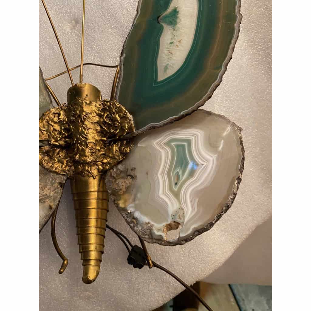 1970’Applique Papillon en Bronze ou Laiton, Duval Brasseur Ou Isabelle Faure, 1 Ampoule, Ailes d’Agate : 30 X Hauteur 38 | Biron 1970’Applique Papillon en Bronze ou Laiton, Duval Brasseur Ou Isabelle Faure, 1 Ampoule, Ailes d’Agate : 30 X Hauteur 38