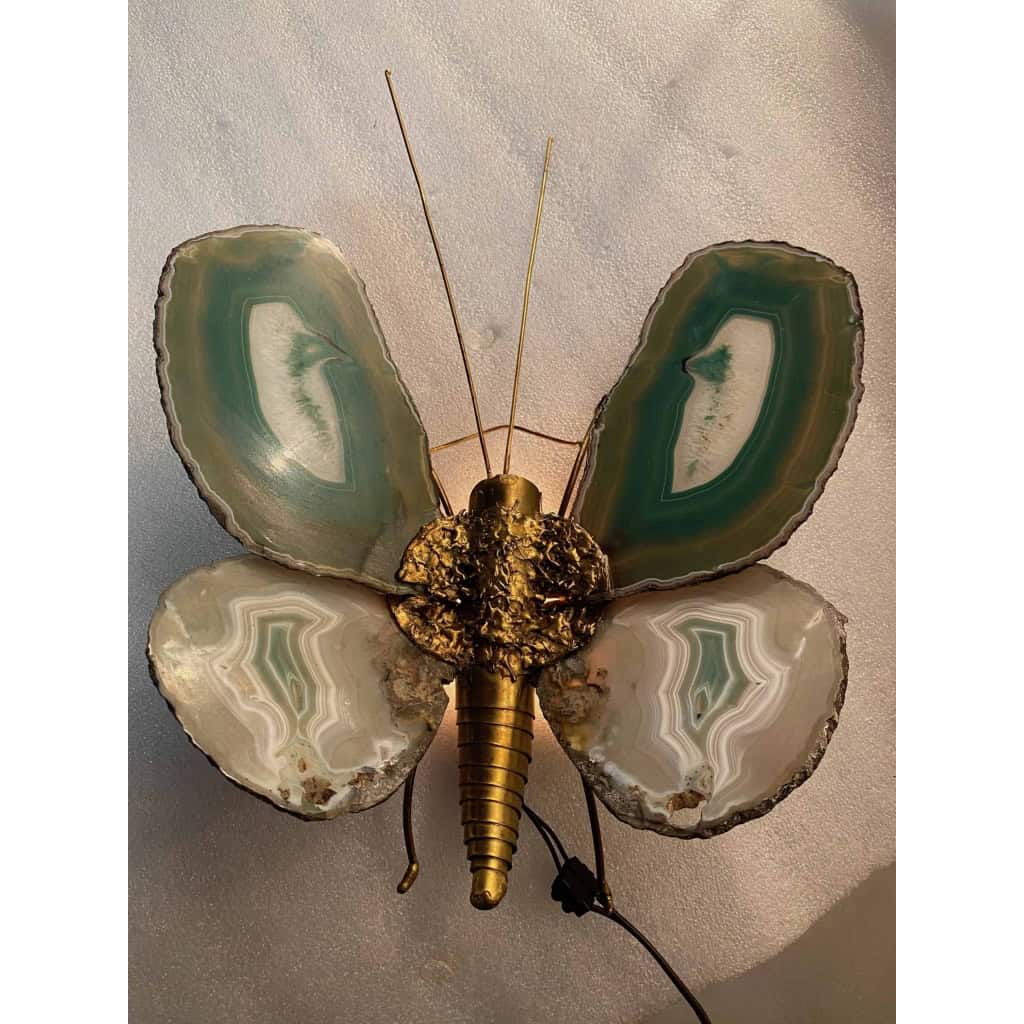 1970’Applique Papillon en Bronze ou Laiton, Duval Brasseur Ou Isabelle Faure, 1 Ampoule, Ailes d’Agate : 30 X Hauteur 38 | Biron 1970’Applique Papillon en Bronze ou Laiton, Duval Brasseur Ou Isabelle Faure, 1 Ampoule, Ailes d’Agate : 30 X Hauteur 38