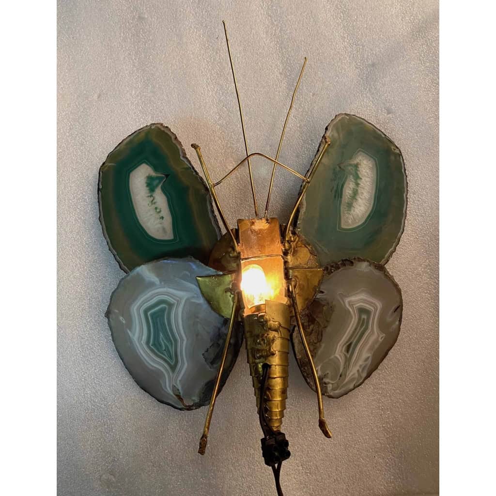 1970’Applique Papillon en Bronze ou Laiton, Duval Brasseur Ou Isabelle Faure, 1 Ampoule, Ailes d’Agate : 30 X Hauteur 38 | Biron 1970’Applique Papillon en Bronze ou Laiton, Duval Brasseur Ou Isabelle Faure, 1 Ampoule, Ailes d’Agate : 30 X Hauteur 38