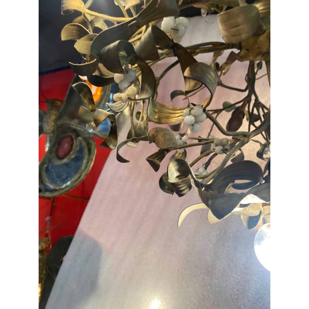 1900′ Lustre Boule de Gui en Bronze Art Nouveau à 6 Ampoules Diamètre: 50 cm Hauteur: 60 cm
