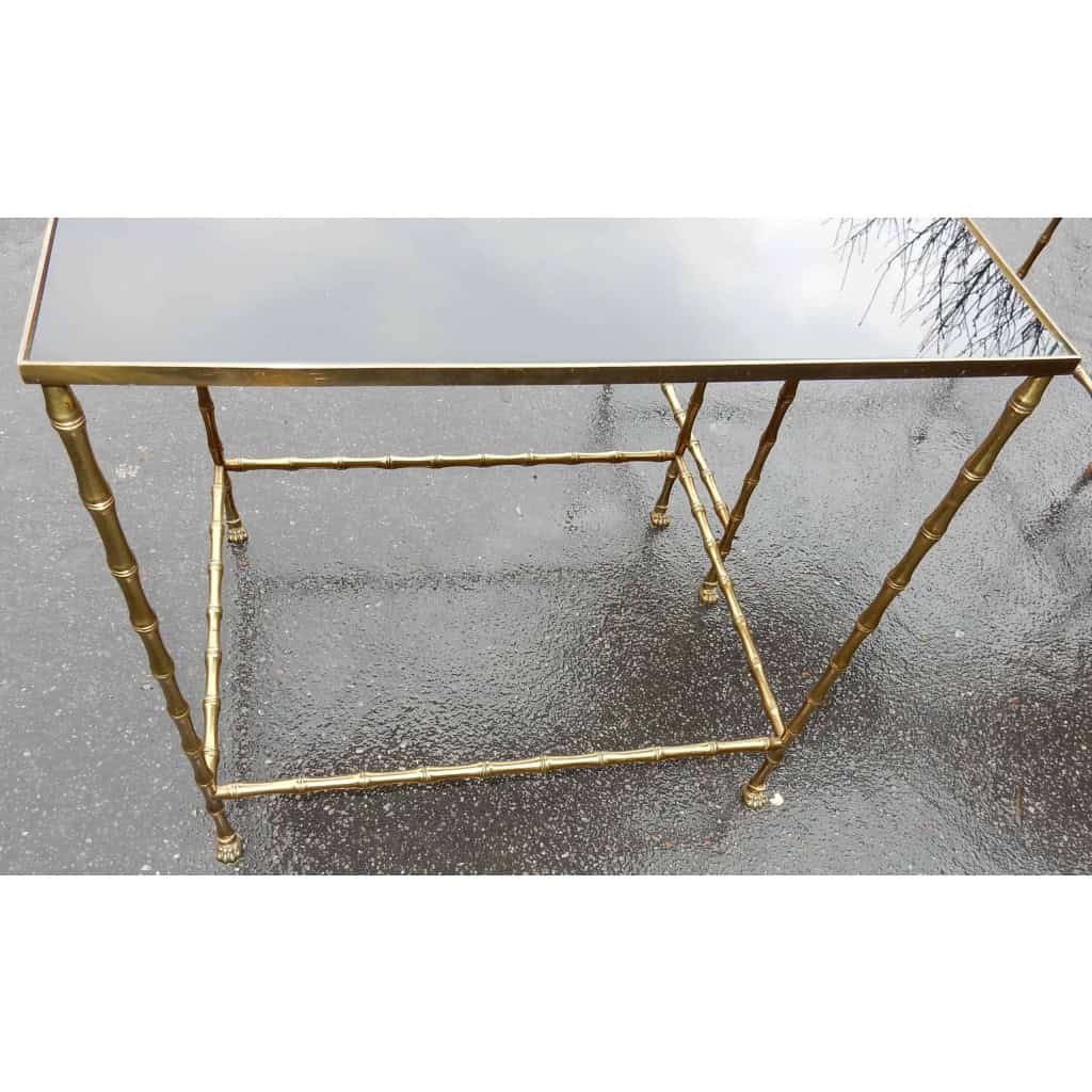1970′ Tables Gigognes Style Maison Jansen, 3 Plateaux Opaline et Empiètement Bambou et Griffes