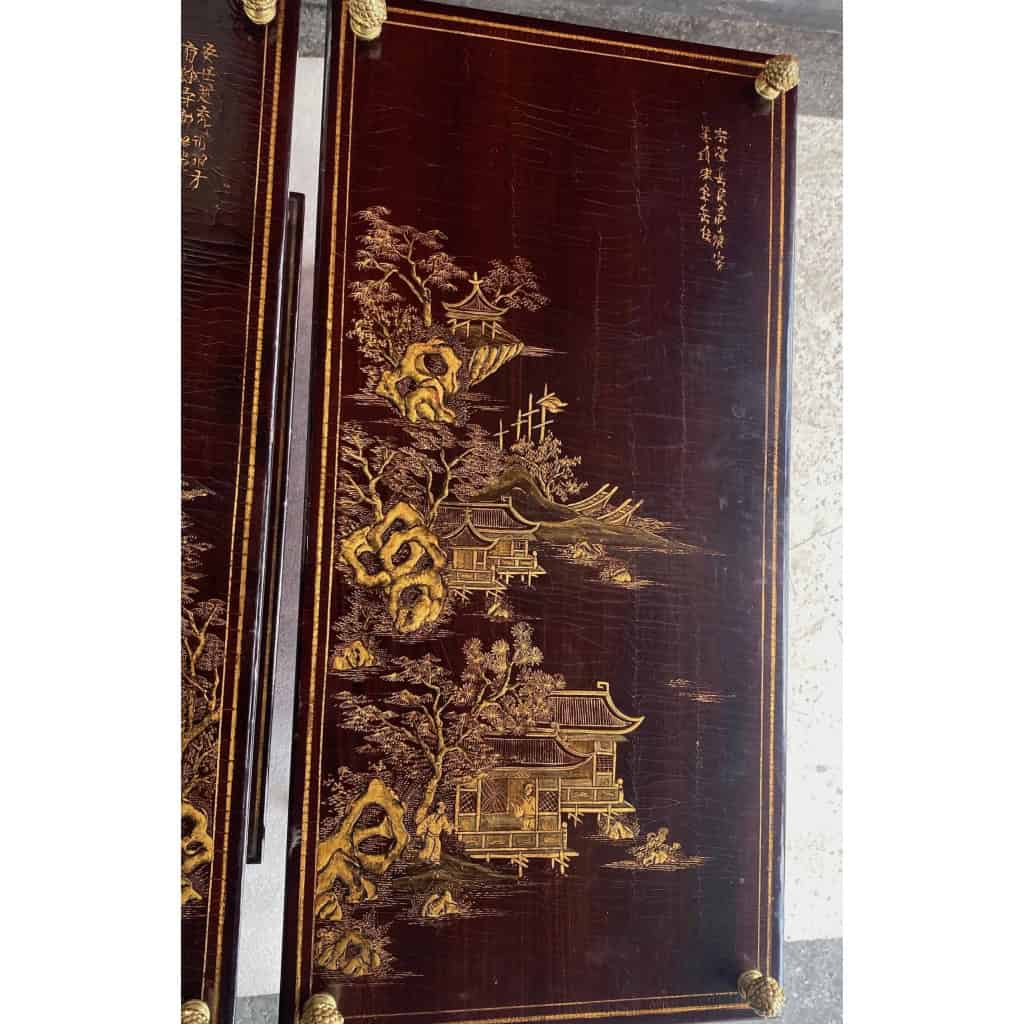 1950′ Paire de Tables Maison Baguès Décor Bambou en Bronze Doré Avec Plateaux Laque de Chine