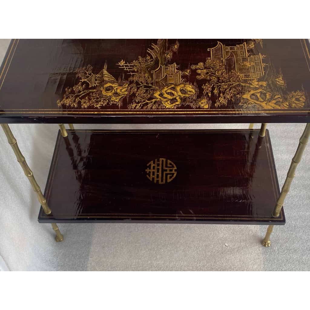 1950′ Paire de Tables Maison Baguès Décor Bambou en Bronze Doré Avec Plateaux Laque de Chine