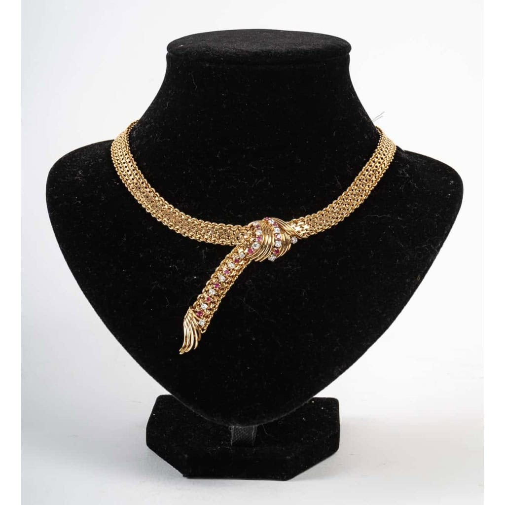Collier en or 18k serti de petits diamants et petits rubis fins | Biron ||||