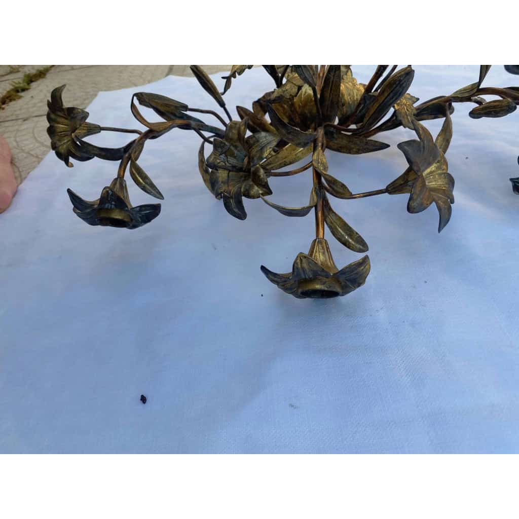 1880′ Paire d’Appliques en Bronze Doré Patiné à Décor Floral 5 Bras de Lumière | Biron 1880′ Paire d’Appliques en Bronze Doré Patiné à Décor Floral 5 Bras de Lumière