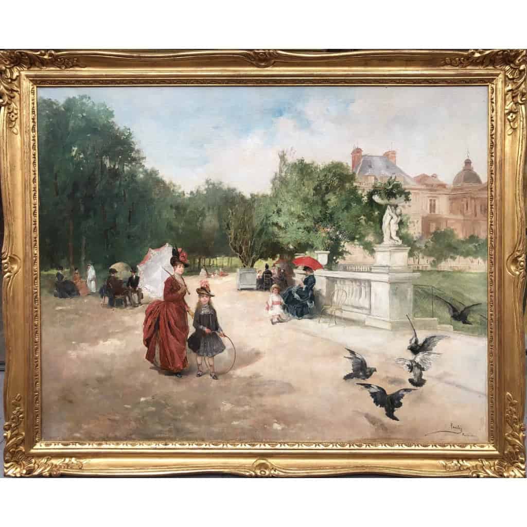 DE PAREDES Vincent Animation au jardin du Luxembourg Huile sur toile signée Certificat d’authenticité | Biron ||||||