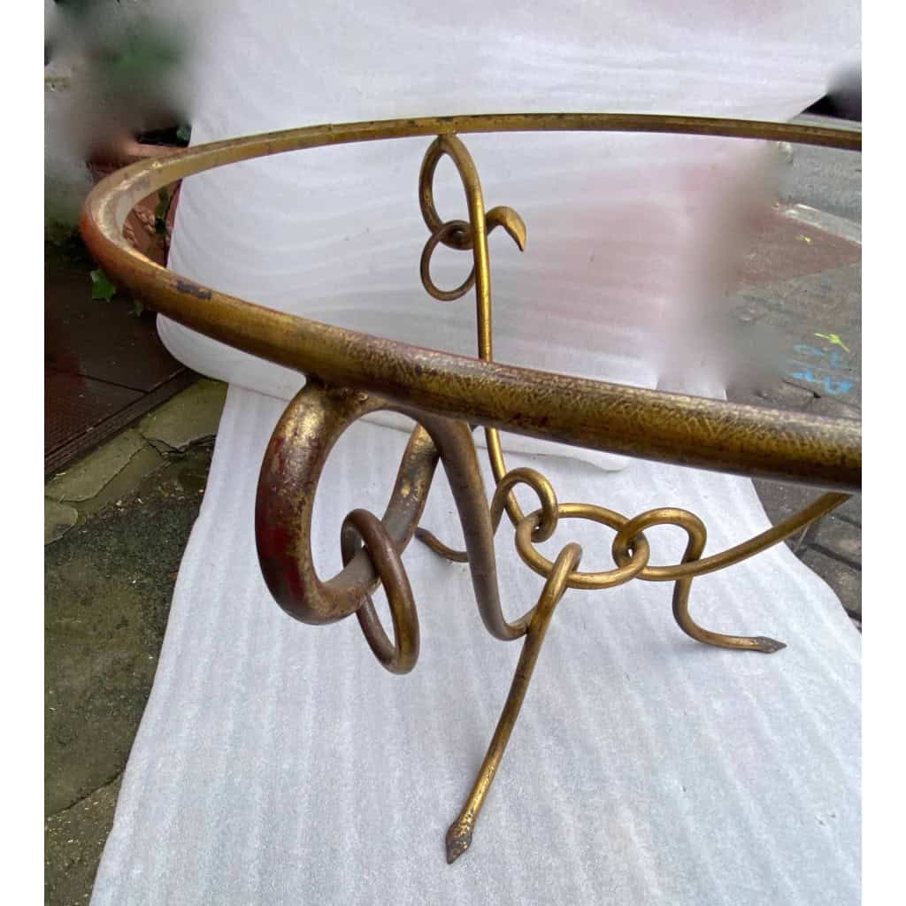1940′ Table Basse Fer Battu Doré ,Entrelacs /René Drouet Diamètre: 90 Hauteur: 53 cm Ou René Prou/ Maison Franck Anvers