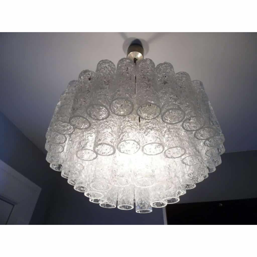 1970′ Lustre Doria 3 Niveaux 60 Cristaux En Verre Soufflé Design Venini Murano