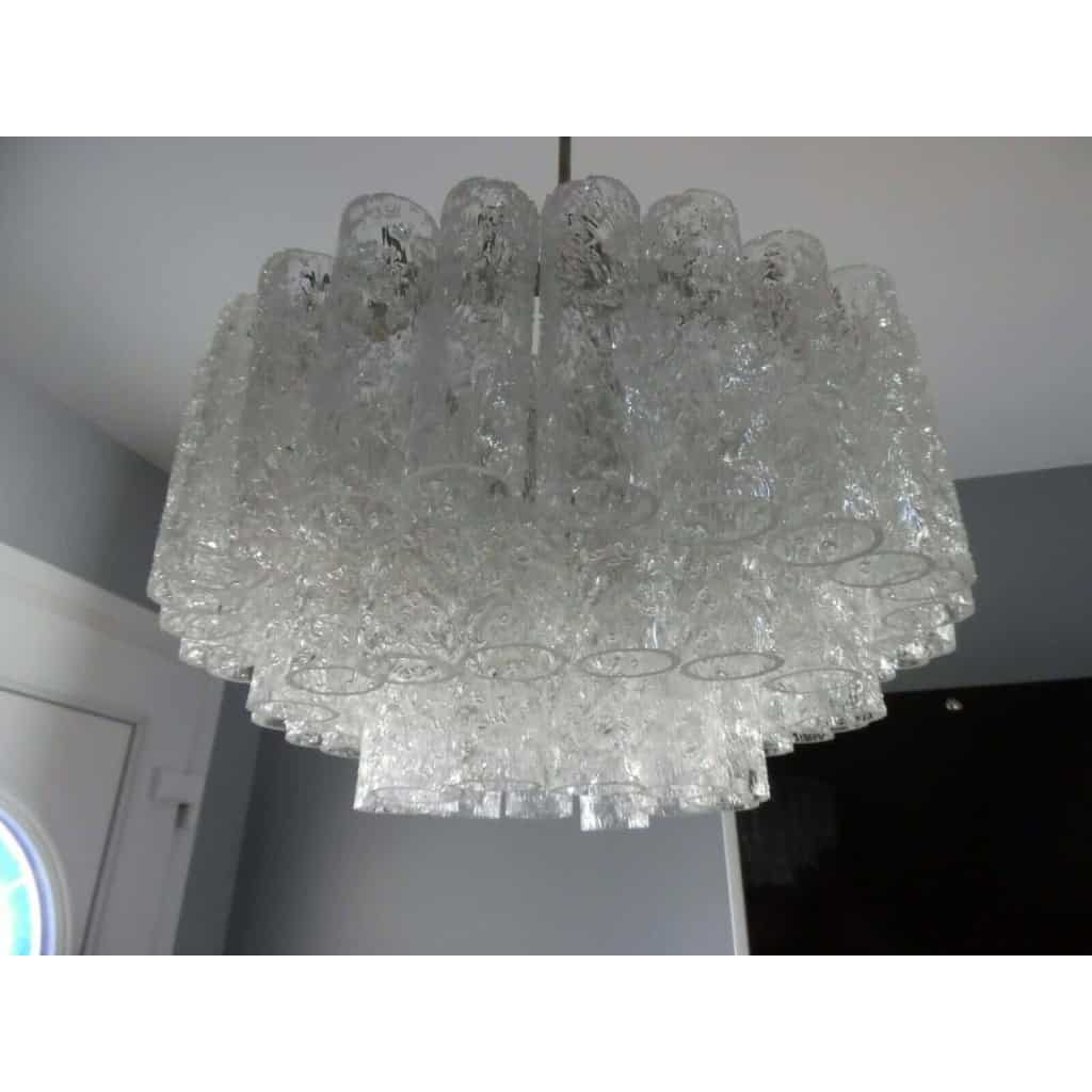 1970′ Lustre Doria 3 Niveaux 60 Cristaux En Verre Soufflé Design Venini Murano