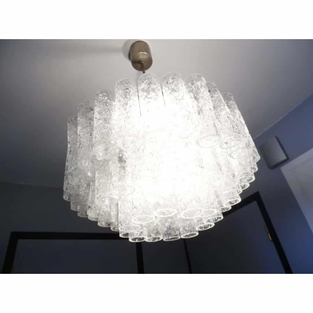 1970′ Lustre Doria 3 Niveaux 60 Cristaux En Verre Soufflé Design Venini Murano