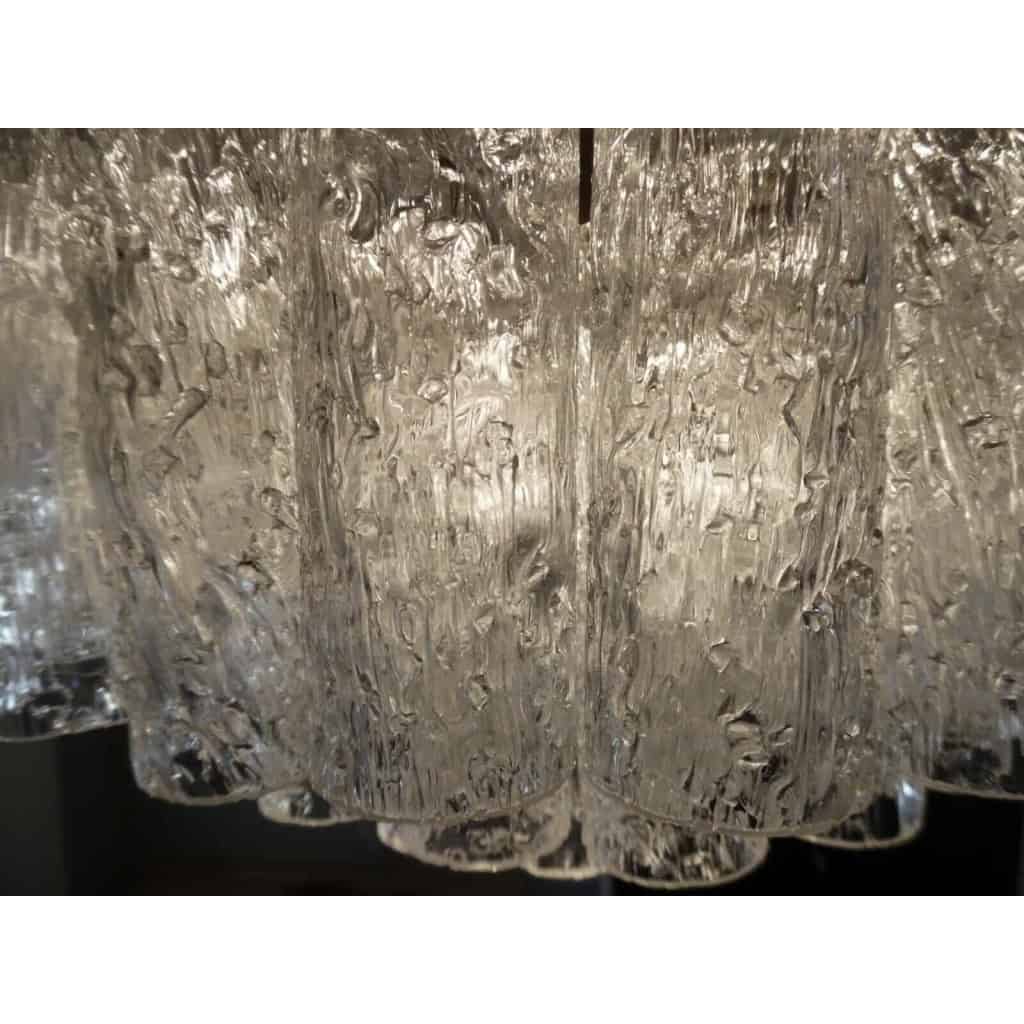 1970′ Lustre Doria 3 Niveaux 60 Cristaux En Verre Soufflé Design Venini Murano