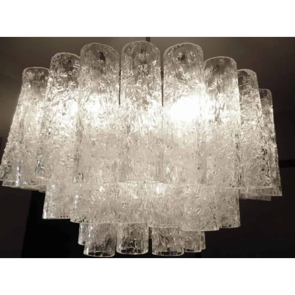1970′ Lustre Doria 3 Niveaux 60 Cristaux En Verre Soufflé Design Venini Murano