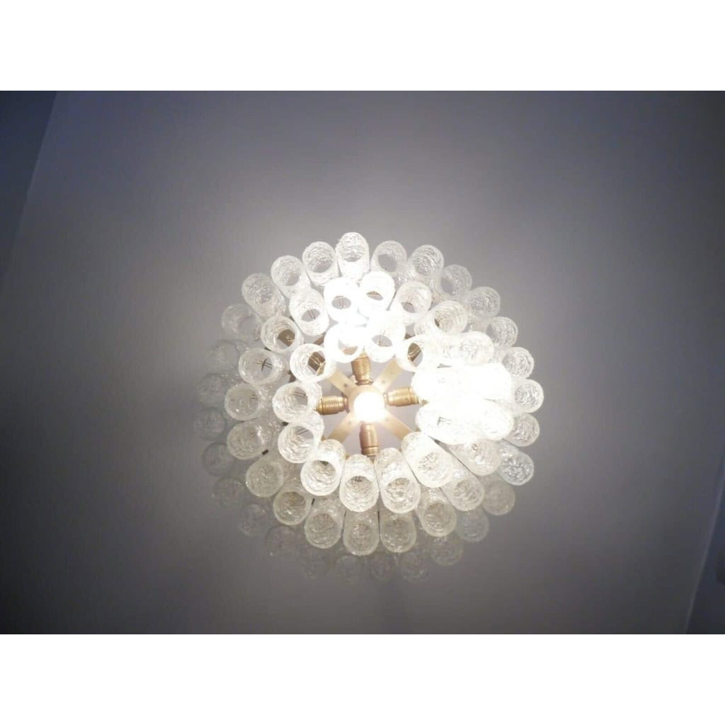 1970′ Lustre Doria 3 Niveaux 60 Cristaux En Verre Soufflé Design Venini Murano