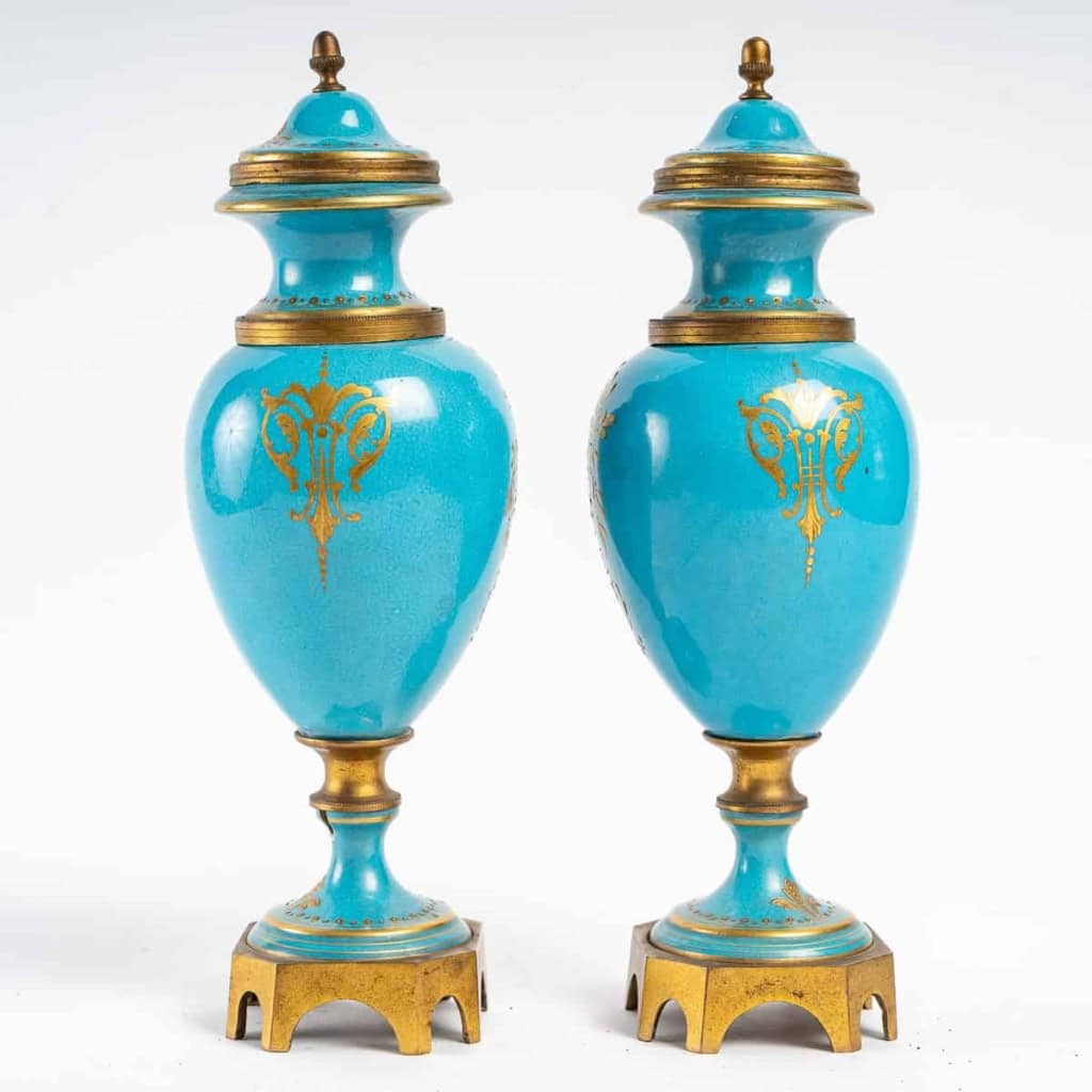 Paire de petits vases couverts en porcelaine de Sèvres et bronze doré, XIXème siècle | Biron Paire de petits vases couverts en porcelaine de Sèvres et bronze doré, XIXème siècle