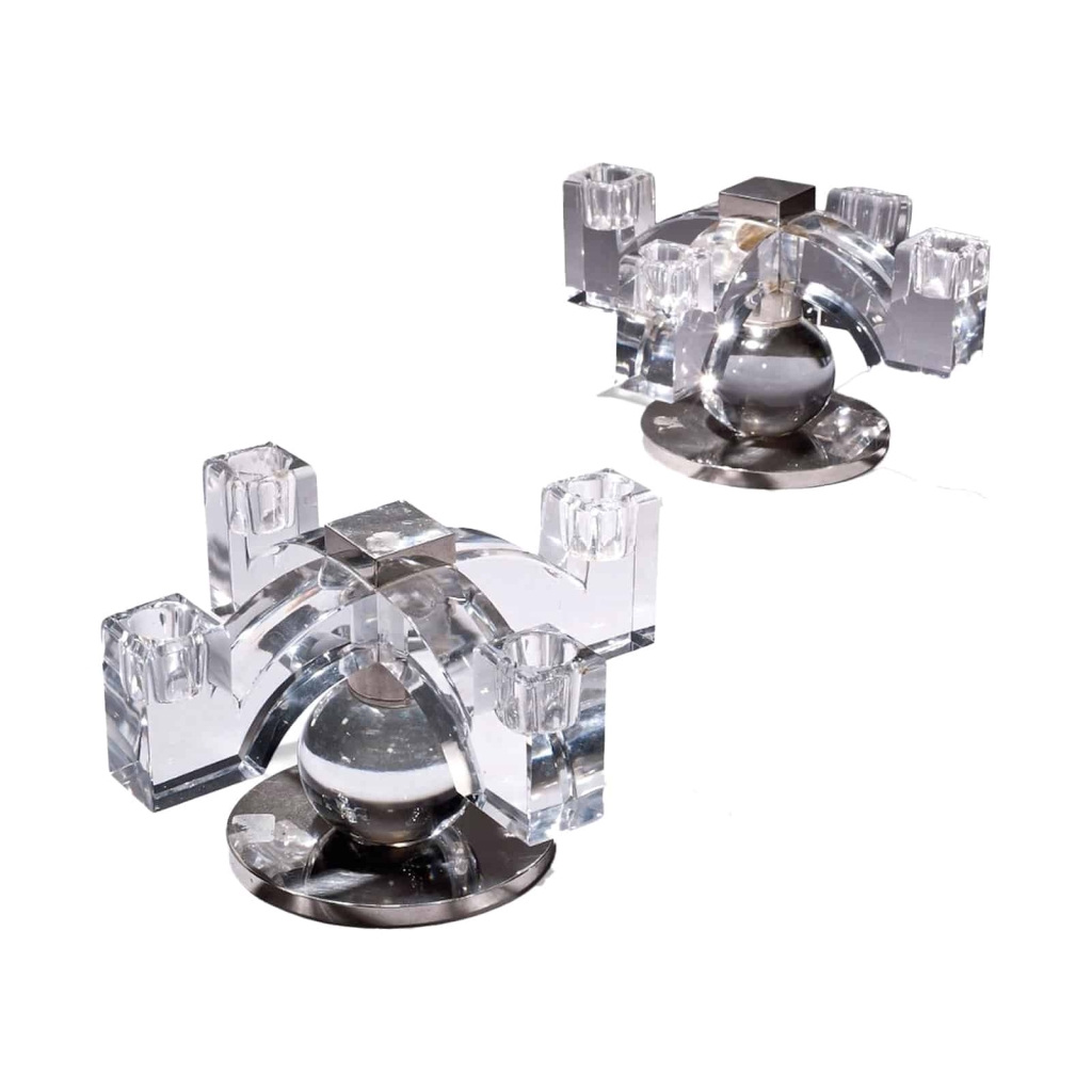 J.Adnet & Baccarat : paire de candélabres modernistes 1930 | Biron |||||