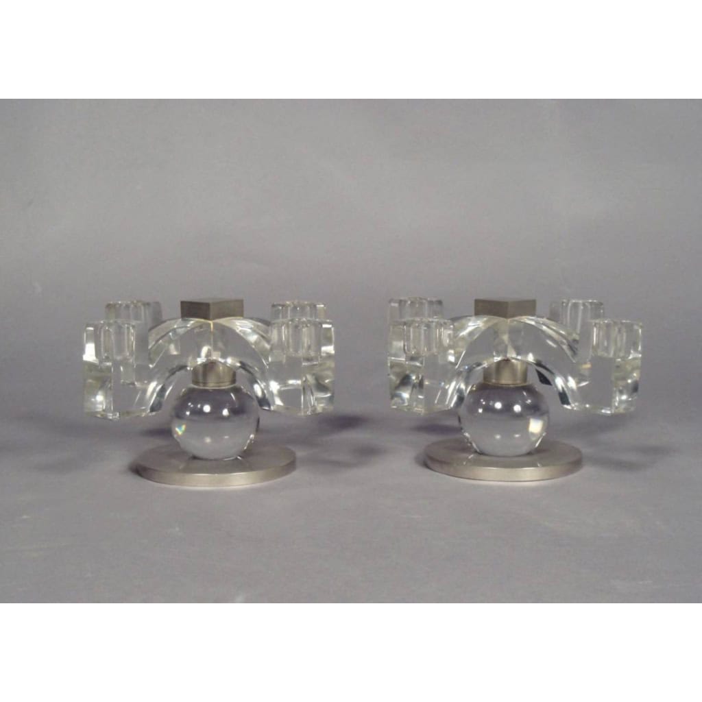J.Adnet & Baccarat : paire de candélabres modernistes 1930 | Biron J.Adnet & Baccarat : paire de candélabres modernistes 1930