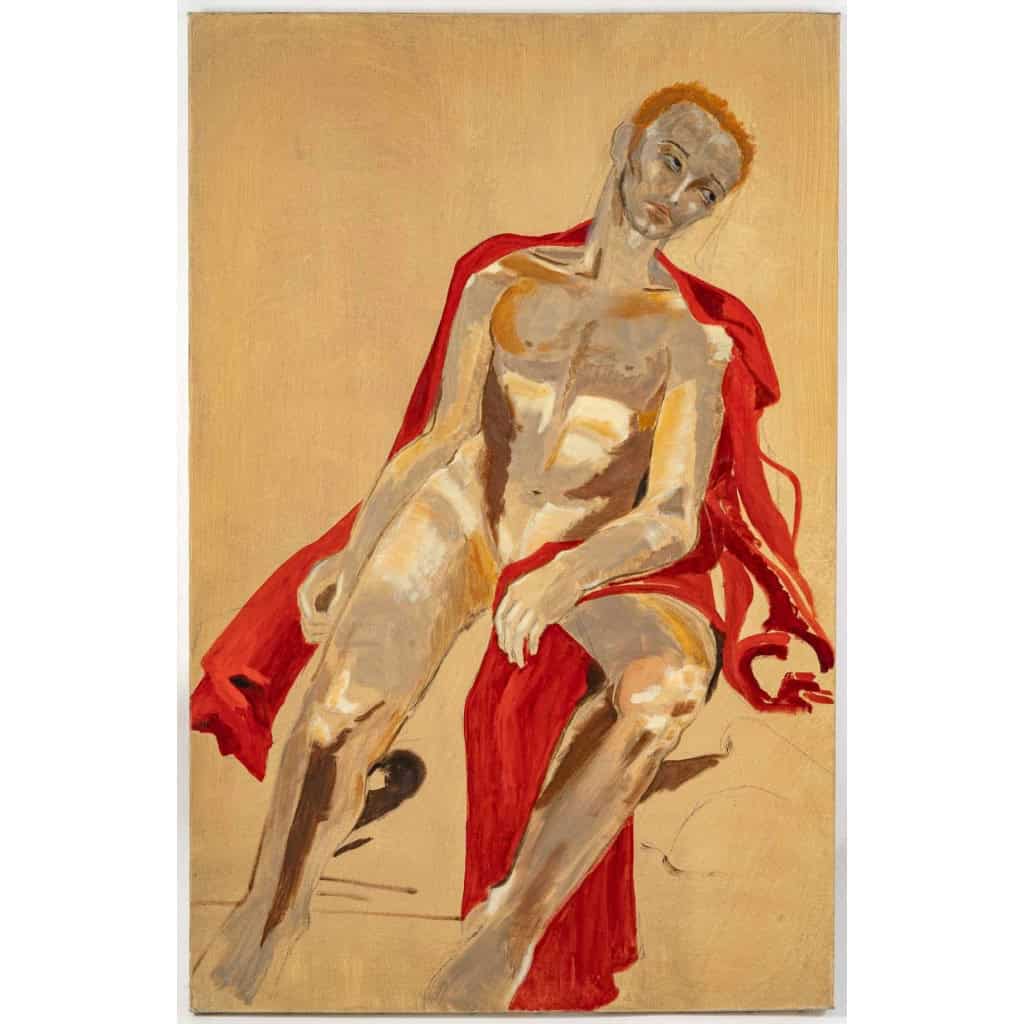 Grande peinture d’homme dénudé à la cape rouge, XXème siècle | Biron |||||||