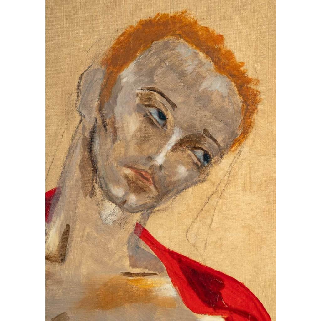 Grande peinture d’homme dénudé à la cape rouge, XXème siècle | Biron Grande peinture d'homme dénudé à la cape rouge, XXème siècle