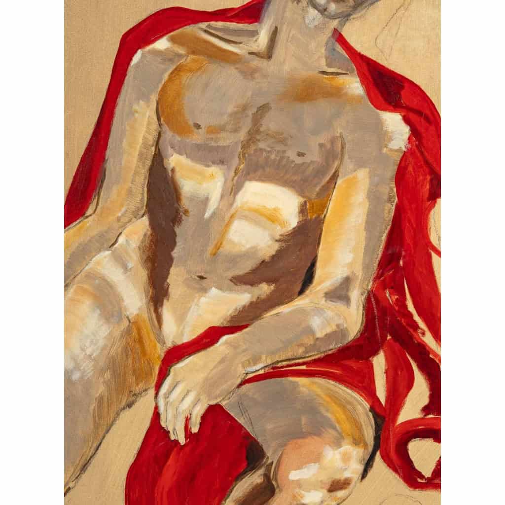 Grande peinture d’homme dénudé à la cape rouge, XXème siècle | Biron Grande peinture d'homme dénudé à la cape rouge, XXème siècle