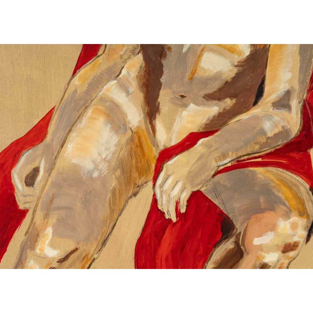 Grande peinture d’homme dénudé à la cape rouge, XXème siècle | Biron Grande peinture d'homme dénudé à la cape rouge, XXème siècle