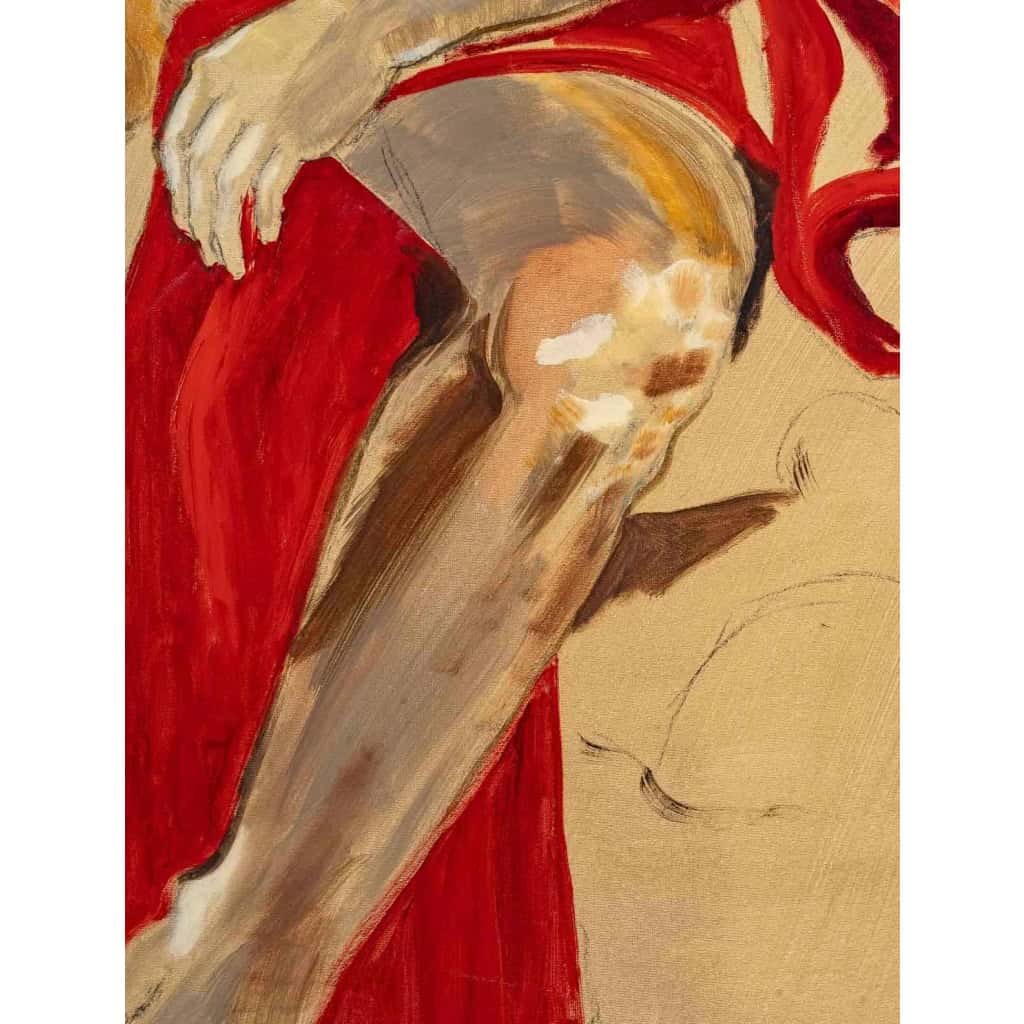 Grande peinture d’homme dénudé à la cape rouge, XXème siècle | Biron Grande peinture d'homme dénudé à la cape rouge, XXème siècle