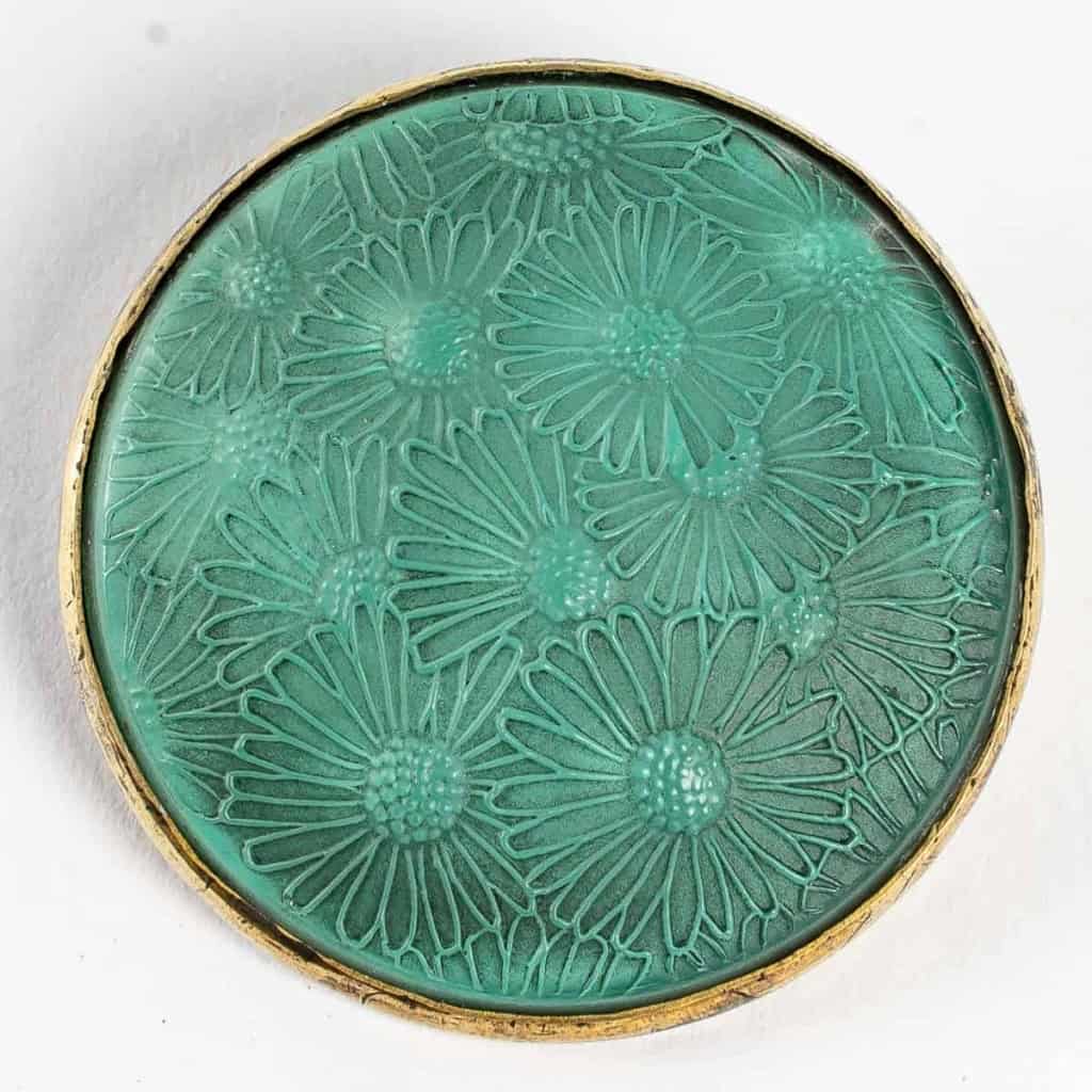 Broche « Semi de Marguerites » verre blanc sur clinquant vert patiné gris de René LALIQUE | Biron ||||
