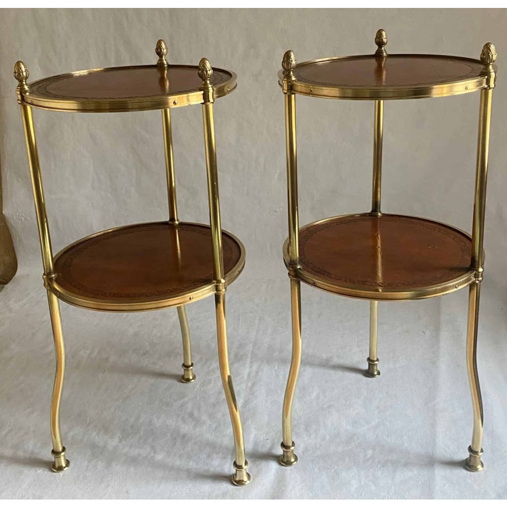 1970′ Paire De Guéridons Ou Sellettes Rondes Bronze Doré 2 Plateaux Gainés De Cuir Maison Jansen, Baguès Ou Charles | Biron ||||||||||||||||