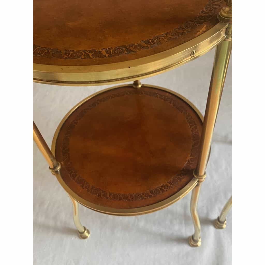 1970′ Paire De Guéridons Ou Sellettes Rondes Bronze Doré 2 Plateaux Gainés De Cuir Maison Jansen, Baguès Ou Charles | Biron 1970′ Paire De Guéridons Ou Sellettes Rondes Bronze Doré 2 Plateaux Gainés De Cuir Maison Jansen, Baguès Ou Charles