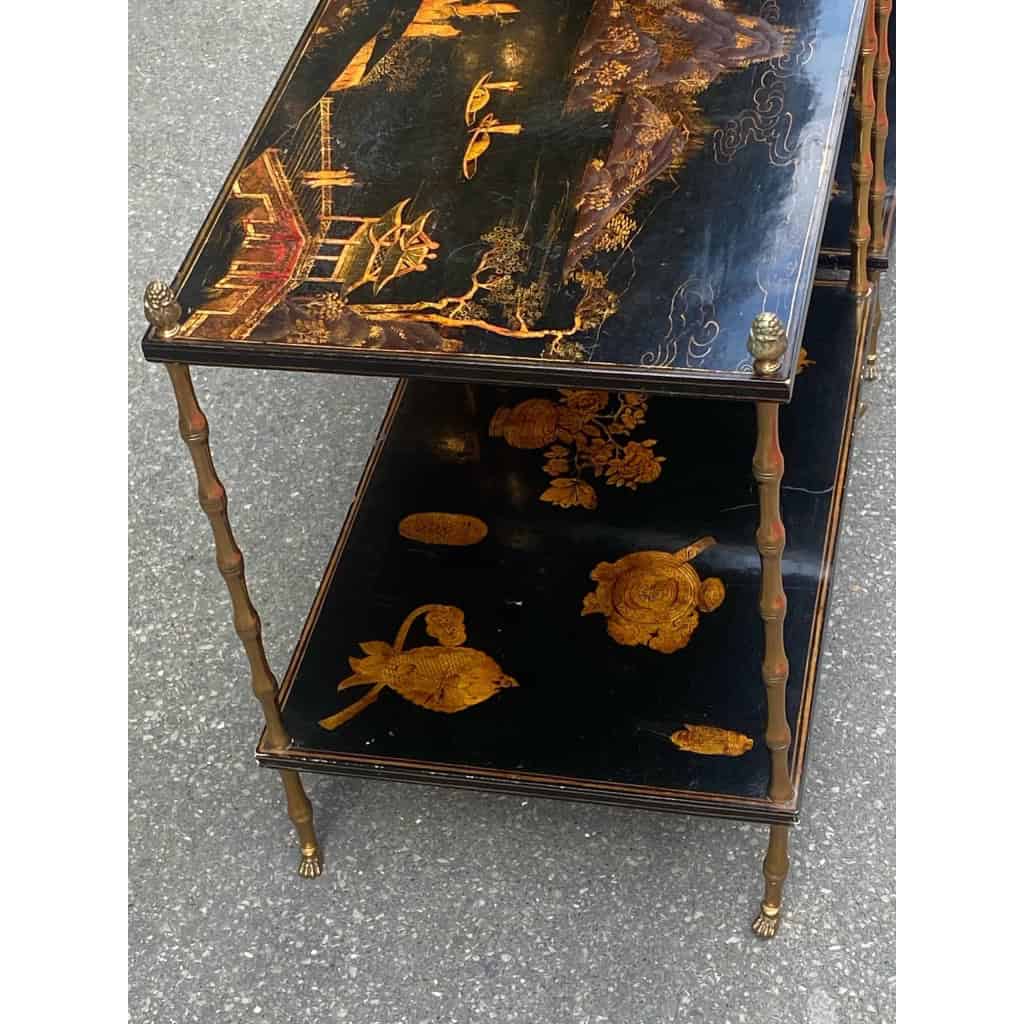 1950′ Paire de Tables Maison Baguès Décor Bambou en Bronze Doré Avec Plateaux Laque de Chine