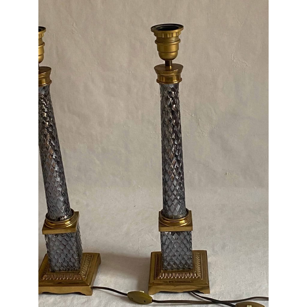 1970′ Paire de Lampes en Verre Ou Cristal Fumé Et Bronze Doré