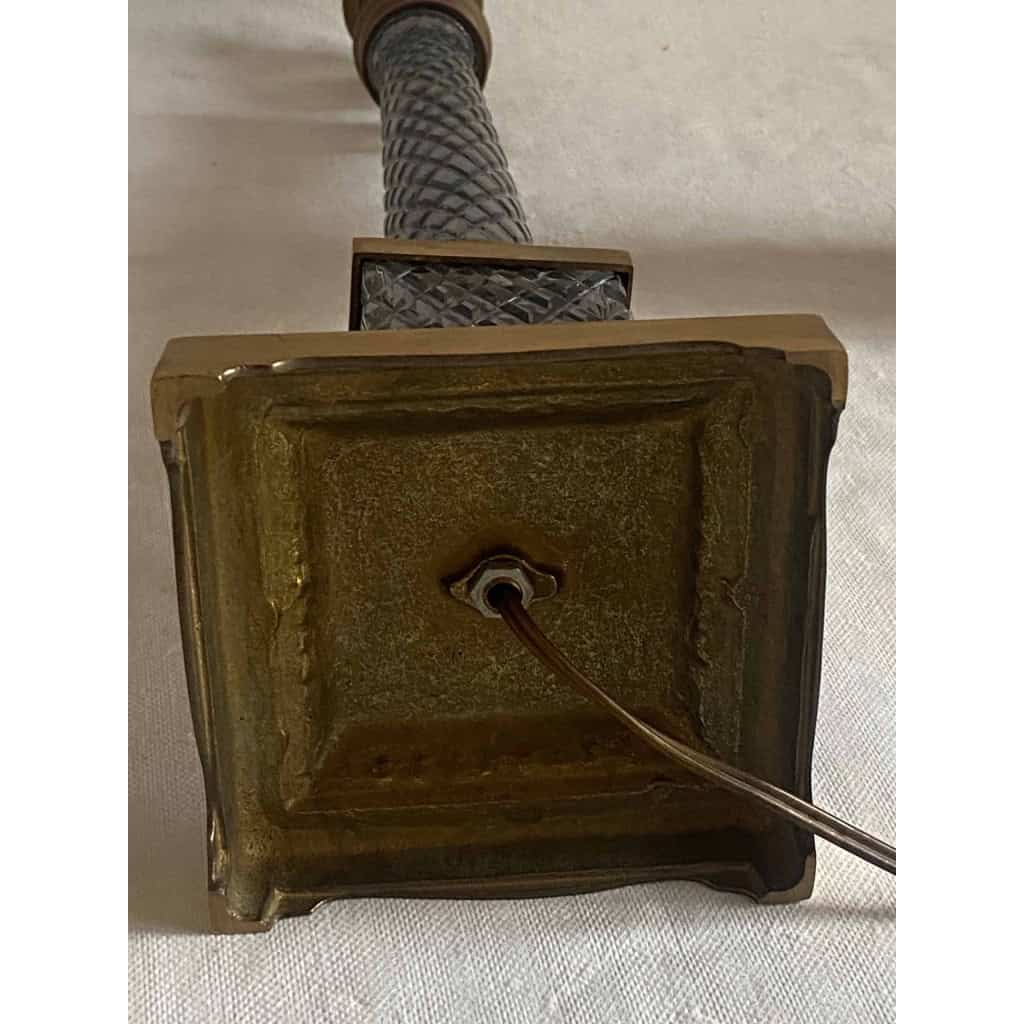 1970′ Paire de Lampes en Verre Ou Cristal Fumé Et Bronze Doré