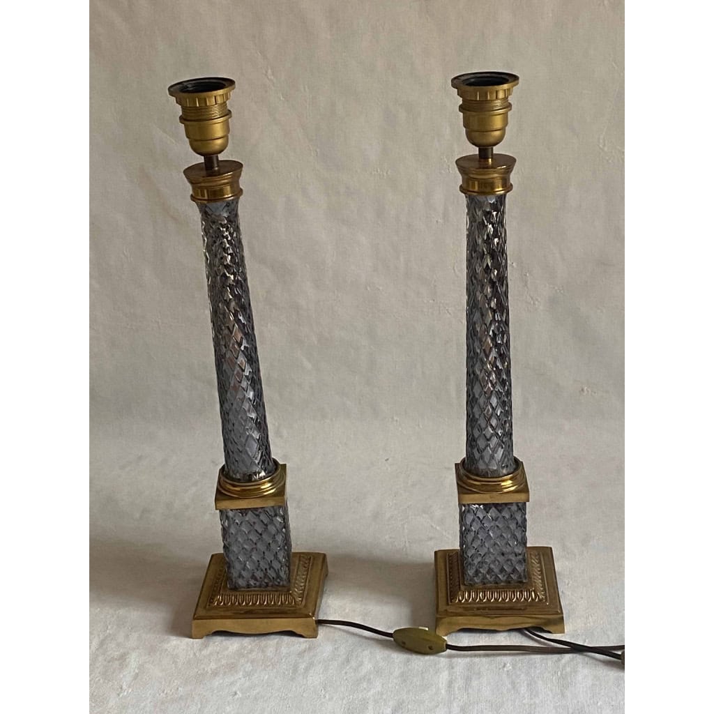 1970′ Paire de Lampes en Verre Ou Cristal Fumé Et Bronze Doré
