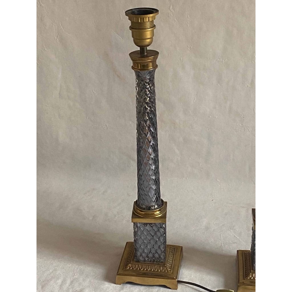1970′ Paire de Lampes en Verre Ou Cristal Fumé Et Bronze Doré