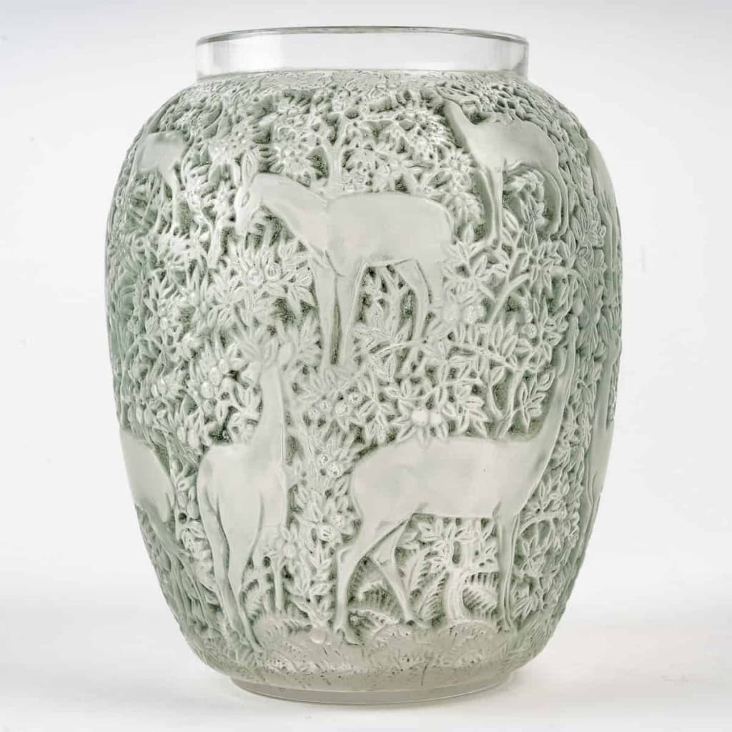 Vase « Biches » verre blanc patiné vert de René LALIQUE | Biron ||||||||