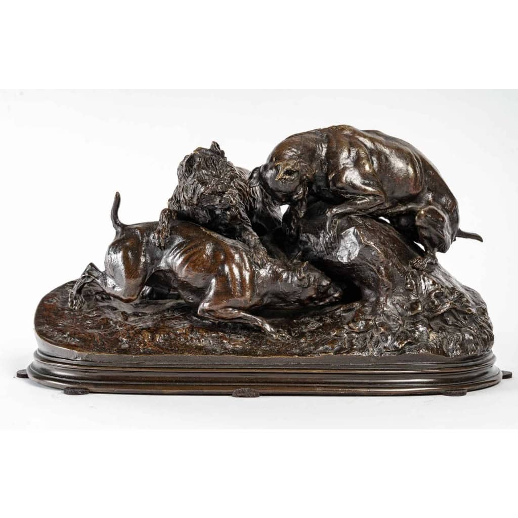 Les 3 chiens au terrier Sculpture en bronze signé P. J. Mène | Biron Les 3 chiens au terrier Sculpture en bronze signé P. J. Mène