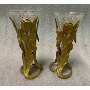1900′ Paire De Pics Fleurs En Bronze Avec Cornets Cristal Pointe De Diamants