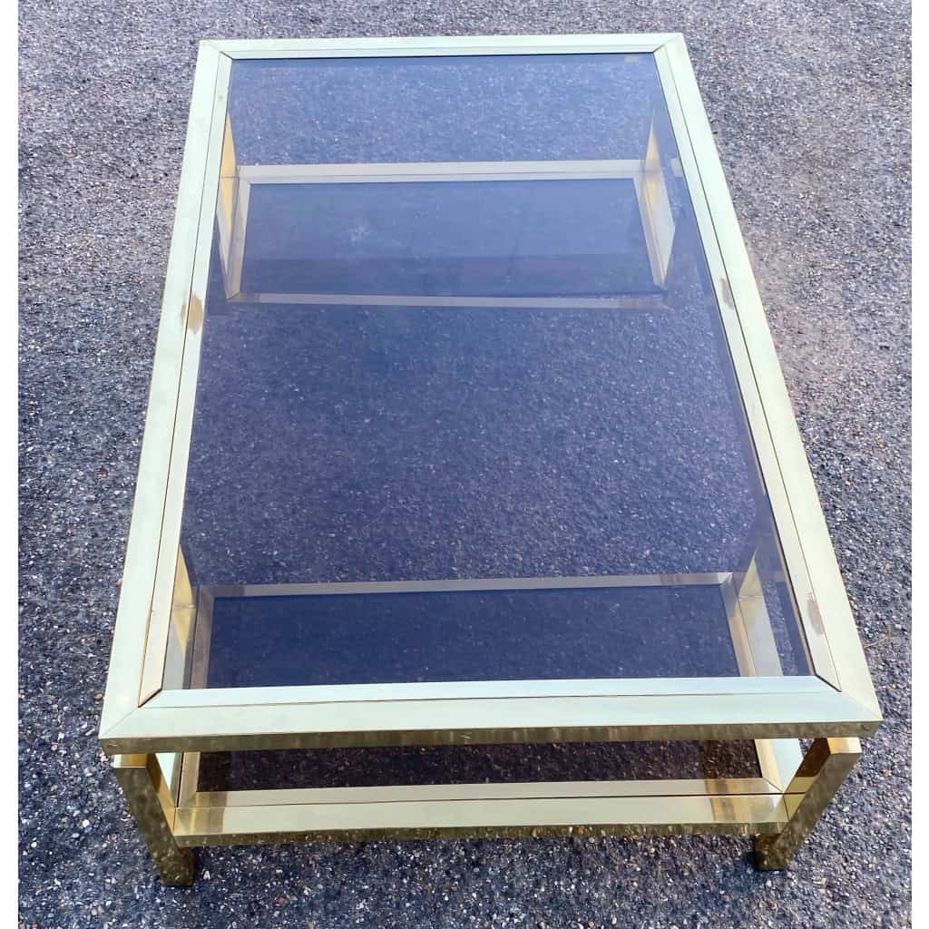 1970′ Table Basse Rectangulaire Guy Lefevre En Laiton Et Vitres Fumées