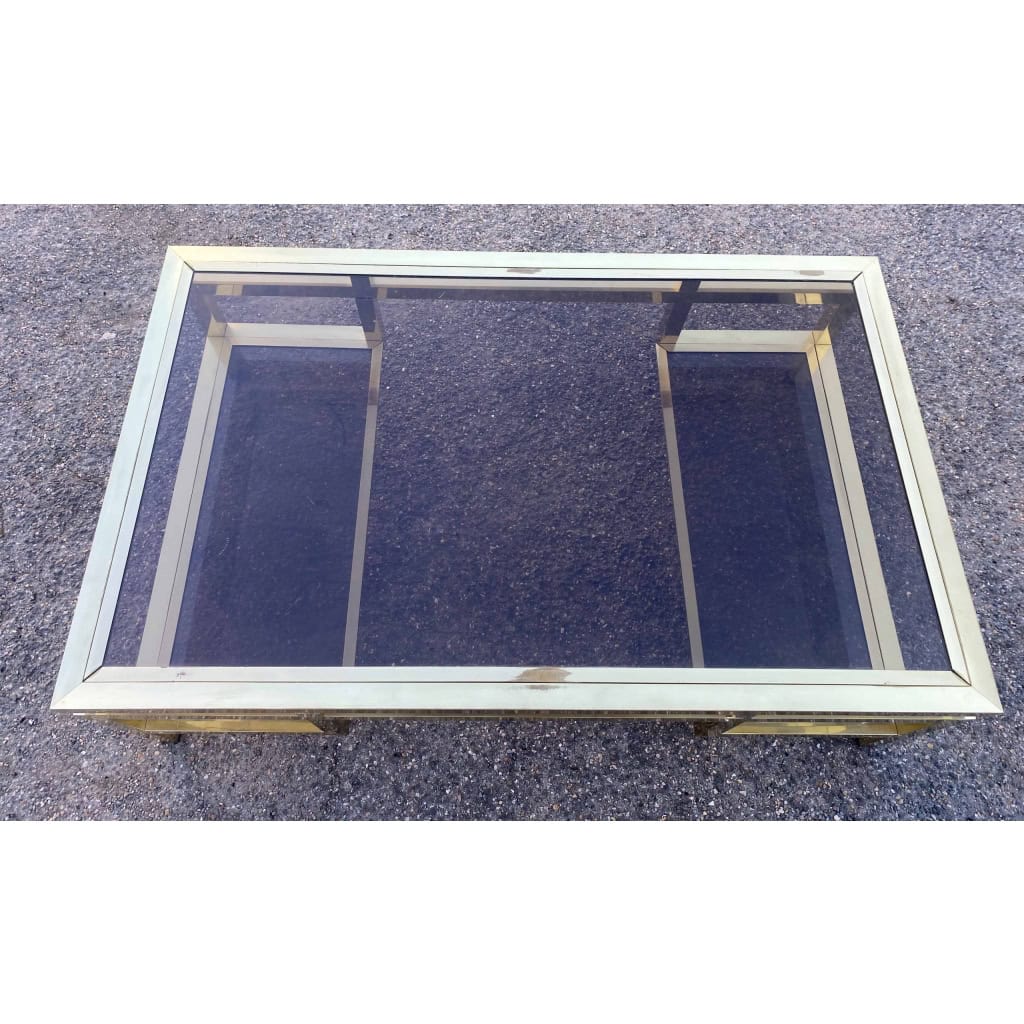 1970′ Table Basse Rectangulaire Guy Lefevre En Laiton Et Vitres Fumées