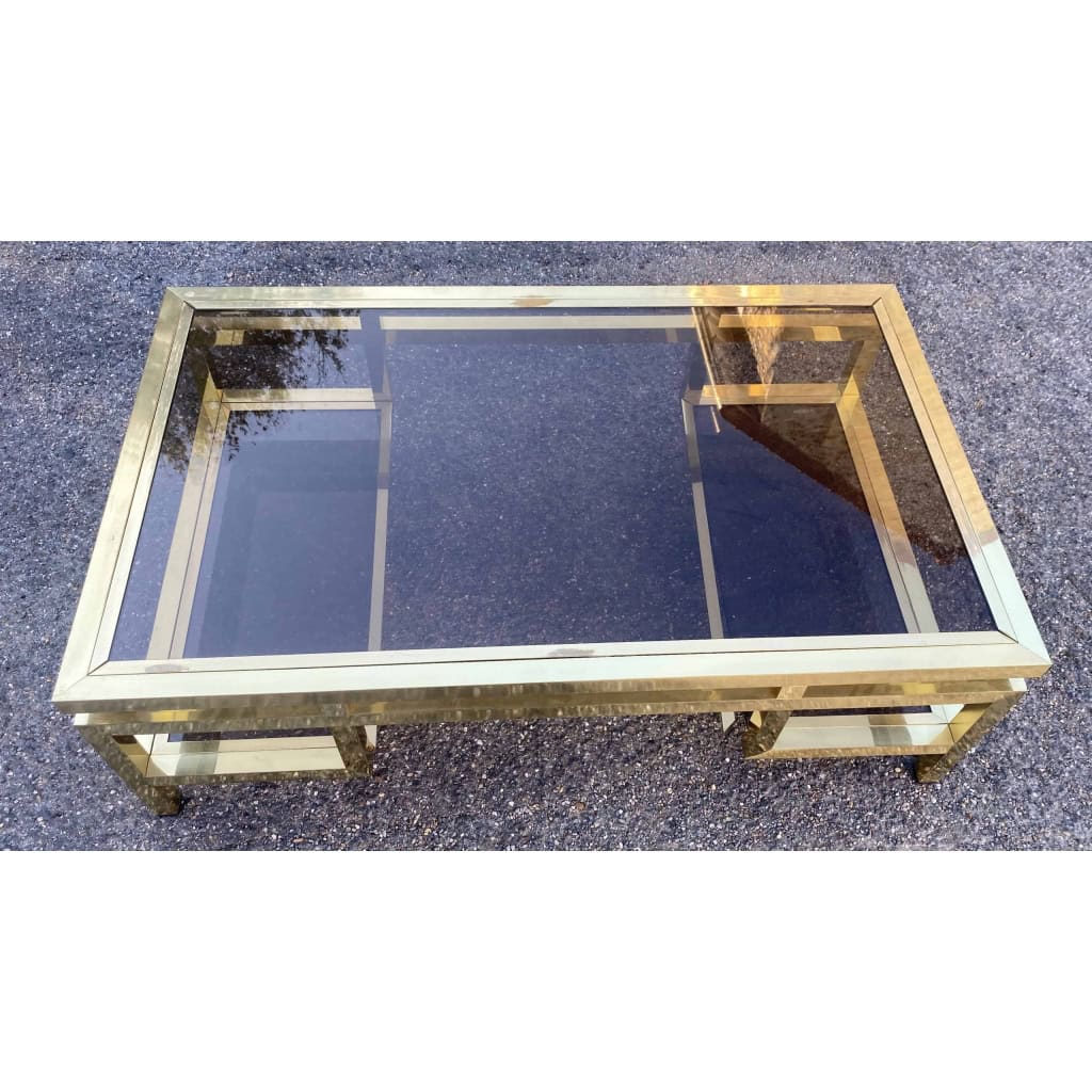 1970′ Table Basse Rectangulaire Guy Lefevre En Laiton Et Vitres Fumées