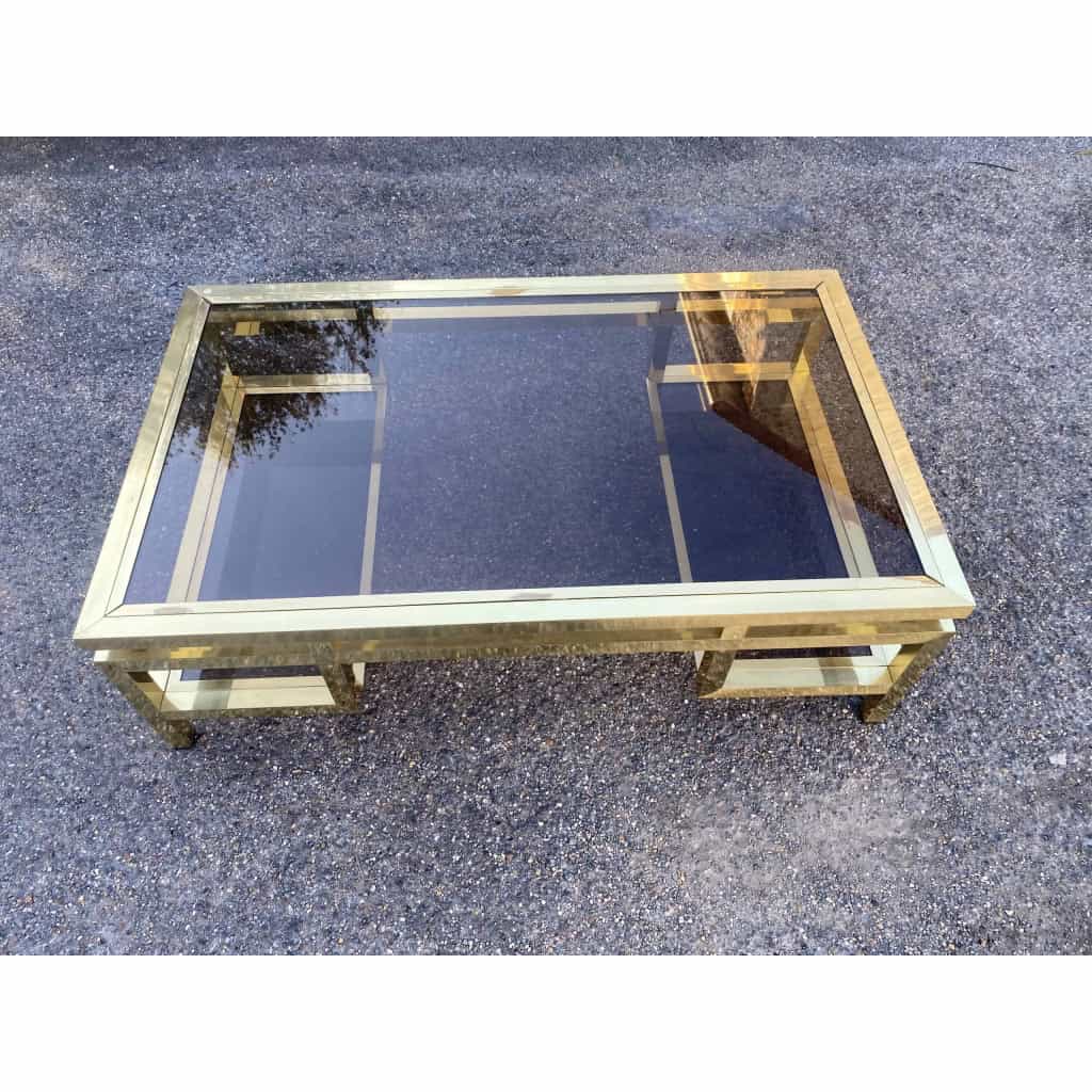 1970′ Table Basse Rectangulaire Guy Lefevre En Laiton Et Vitres Fumées