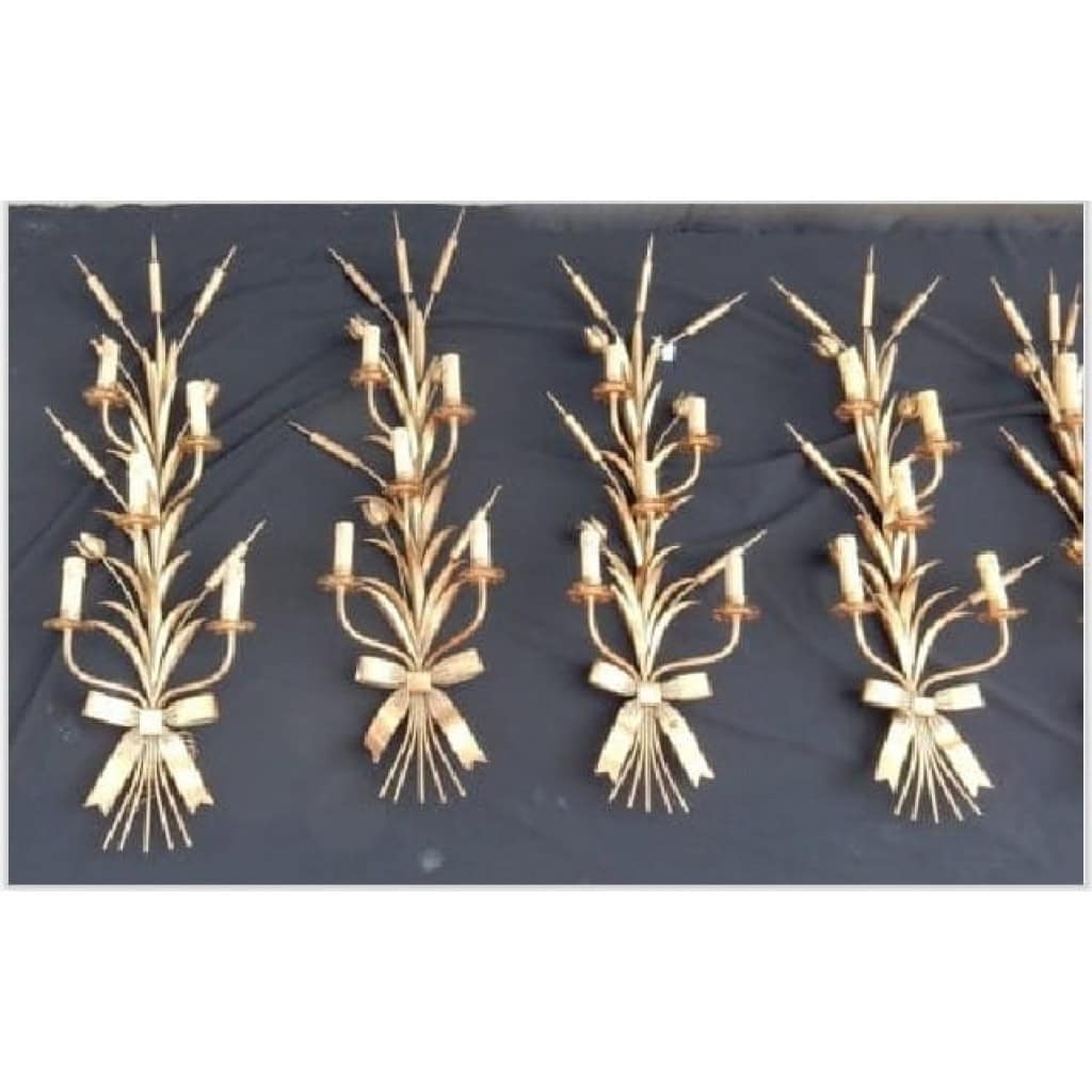1970′ Série De 7 Appliques Aux Roseaux En Fer Doré Par Hans Kogl Pour Maison Jansen 5 Ampoules H 104 cm | Biron 1970′ Série De 7 Appliques Aux Roseaux En Fer Doré Par Hans Kogl Pour Maison Jansen 5 Ampoules H 104 cm