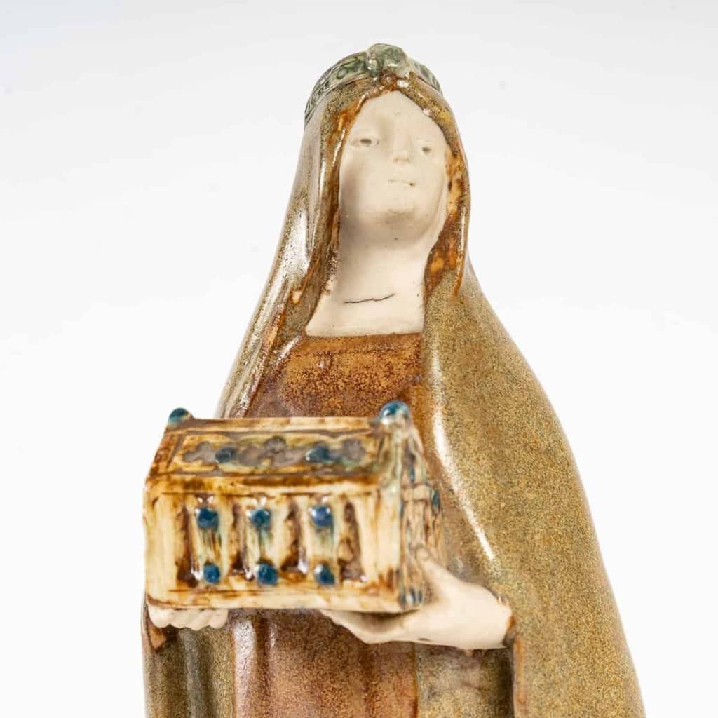 Figure allégorique du Moyen Âge en grès, travail Art Nouveau, signé "BS", fin XIXe - début du XXe siècle.